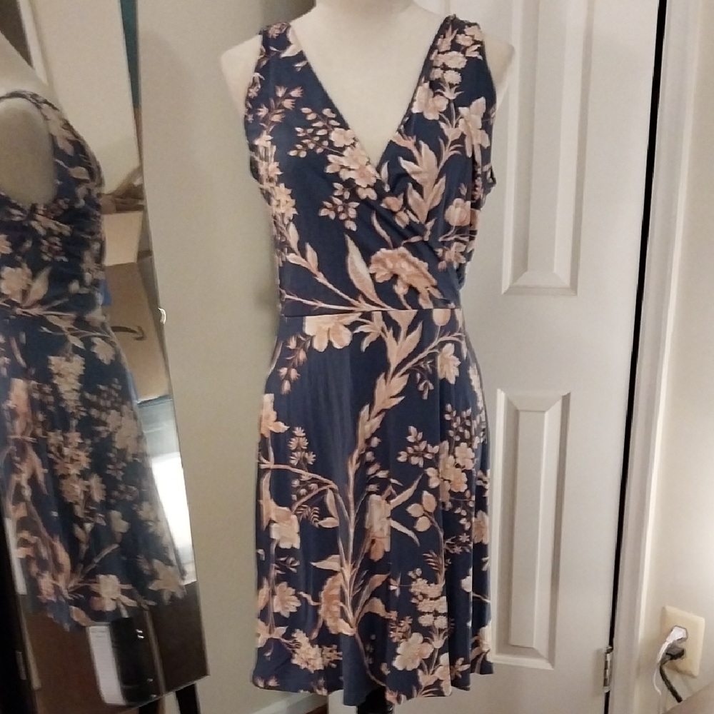LOFT Navy and Beige Floral Midi Dress